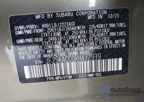 2024 Subaru Forester Premium z USA, uszkodzony, nr VIN JF2SKACC0RH472939